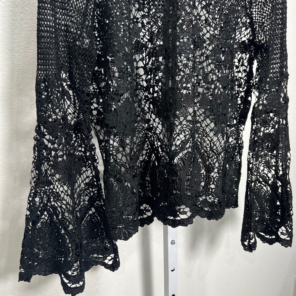 Crochet Grunge Lace Top Black Floral Sheer Bell Sleeve M Dark Fairy Whimsigoth - Picture 12 of 13